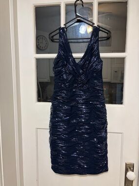 Ralph Lauren Navy Sequin Ruched V-Neck Dress